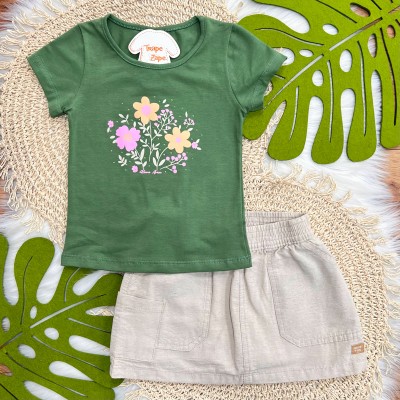 Conj Verde Jardim de Flores e Shorts Saia